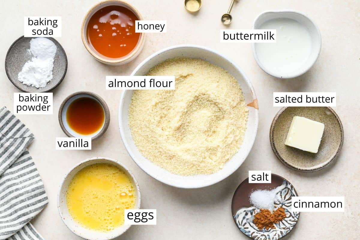 overhead photo of the labeled ingredients in this Almond Flour Pancakes recipe