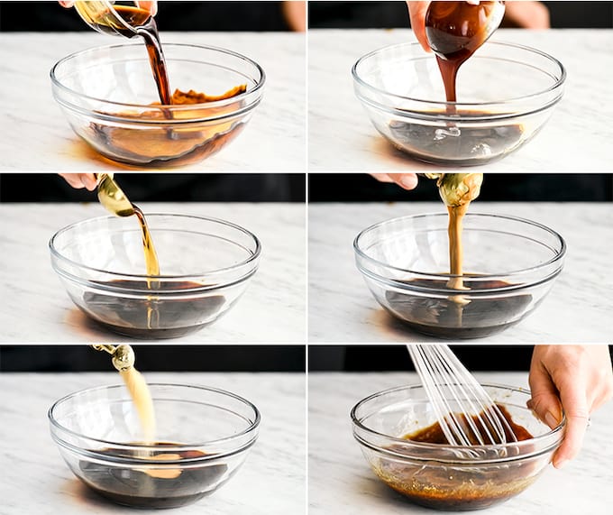 Asian Chicken Lettuce Wraps (better than P.F. Chang's)! A quick, easy, healthy and delicious dinner or appetizer! These lettuce wraps are our favorite! Step-by-step recipe video! #lettucewraps #pfchangs #glutenfree #dairyfree #easydinner #healthyrecipe #asianlettucewraps six-photo collage showing how to make the sauce for asian chicken lettuce wraps