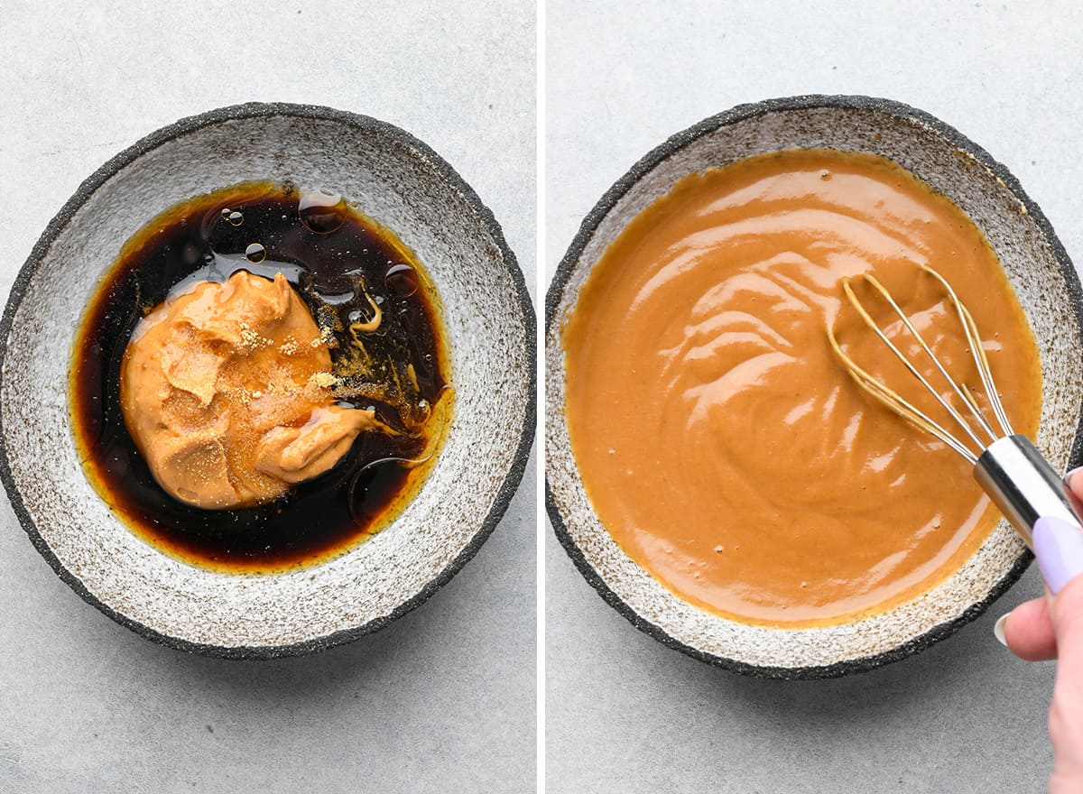 two photos showing how to make the dressing for this Asian Chicken Salad recipe