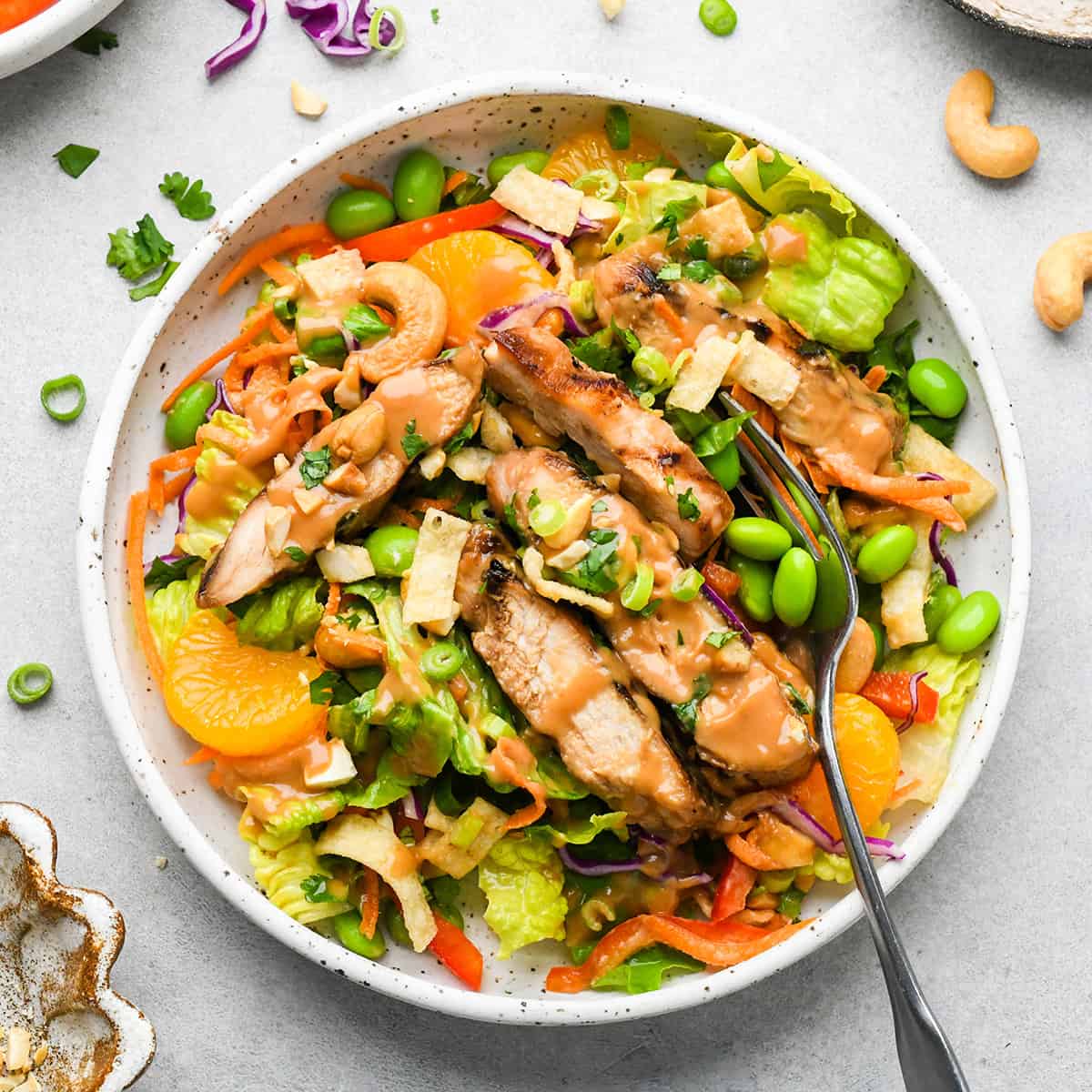 a plate full of Asian Chicken Salad with a fork