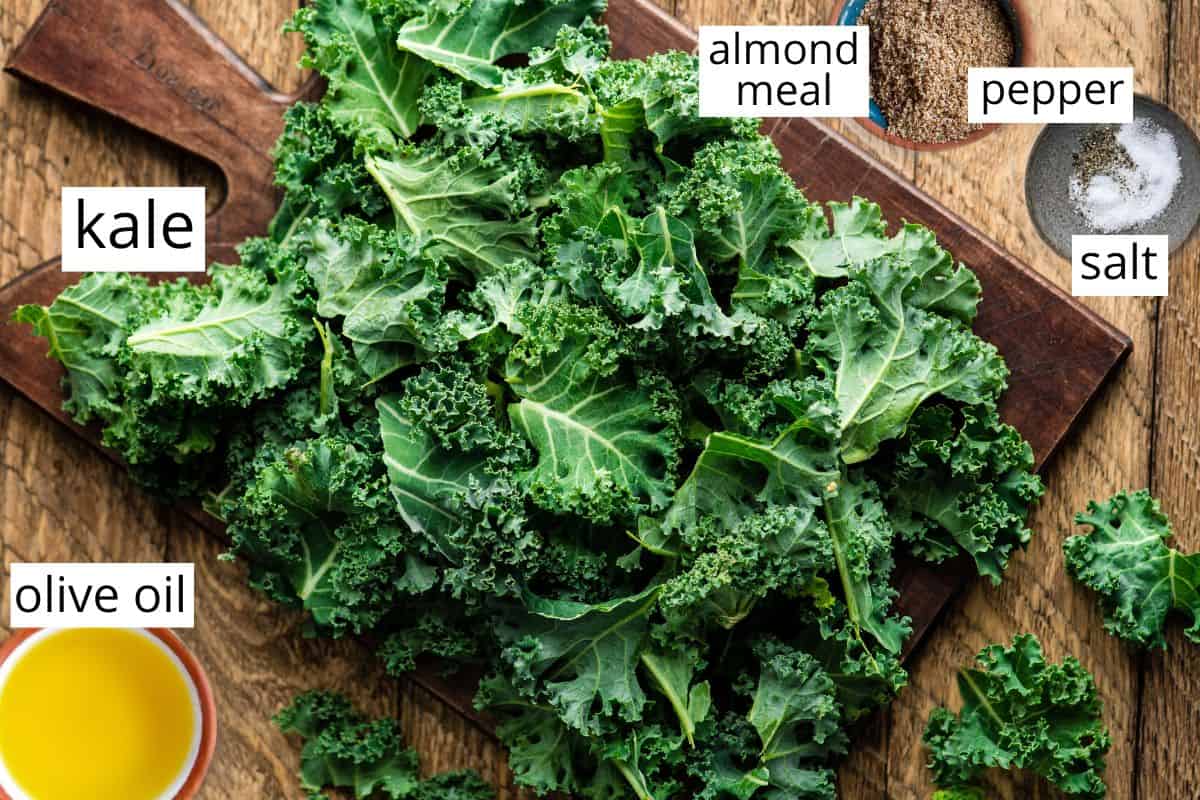 overhead photo of the labeled ingredients in this Kale Chips Recipe
