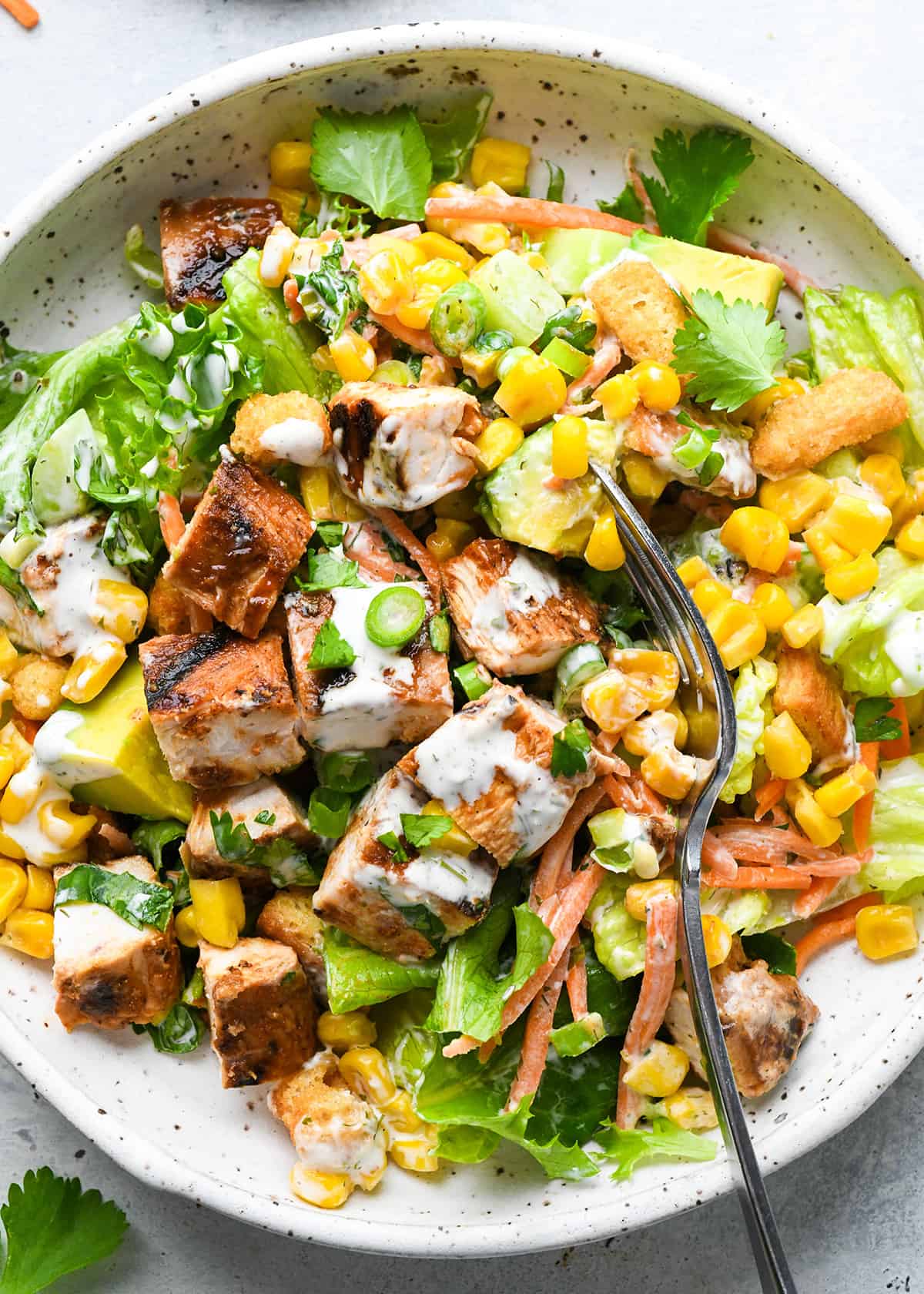 BBQ Chicken Salad on a plate with a fork