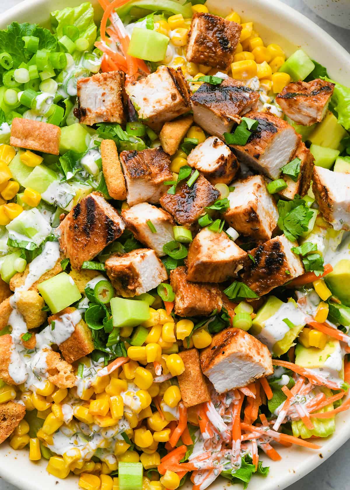 up close photo of BBQ Chicken Salad in a bowl
