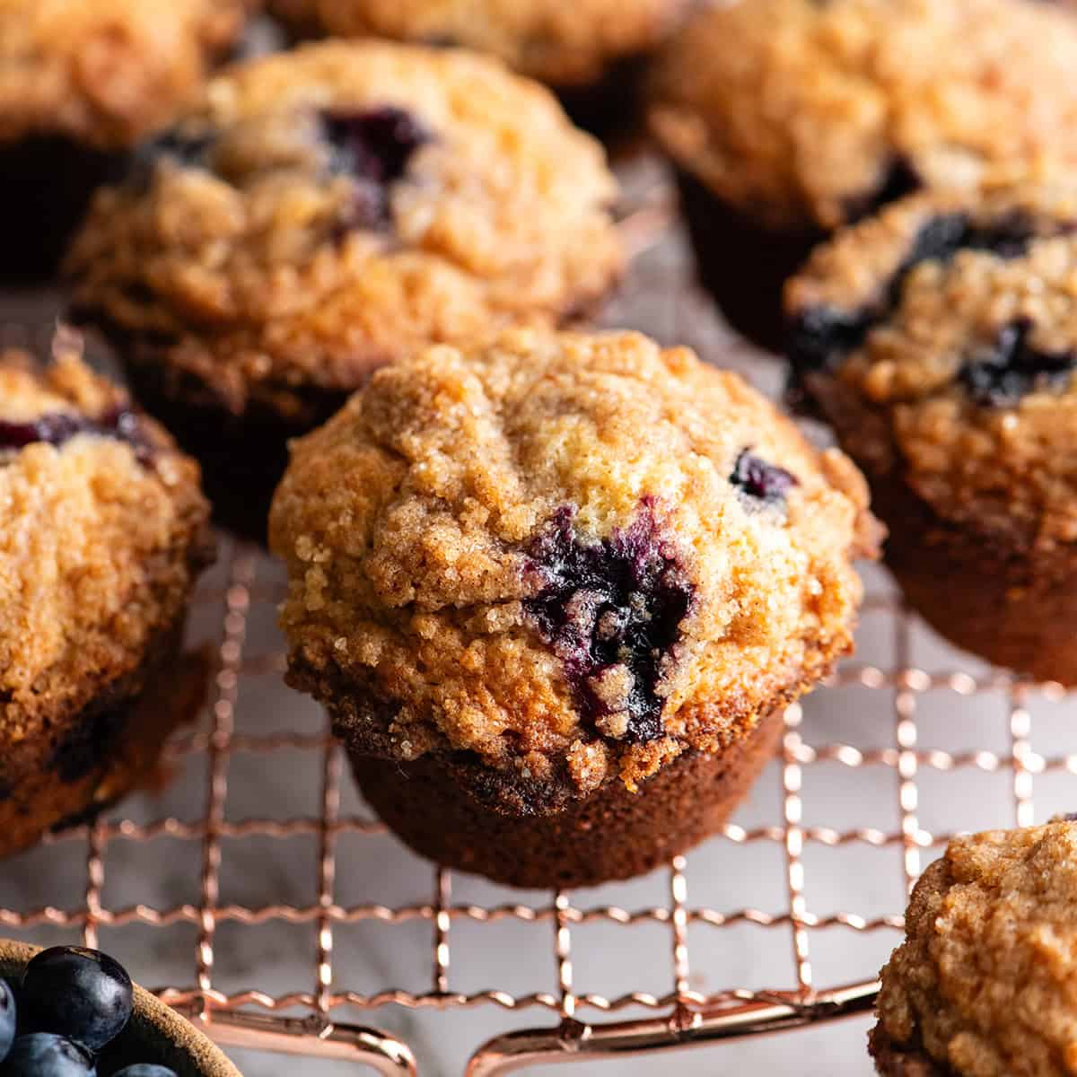 8 blueberry muffins on a wire cooling rack