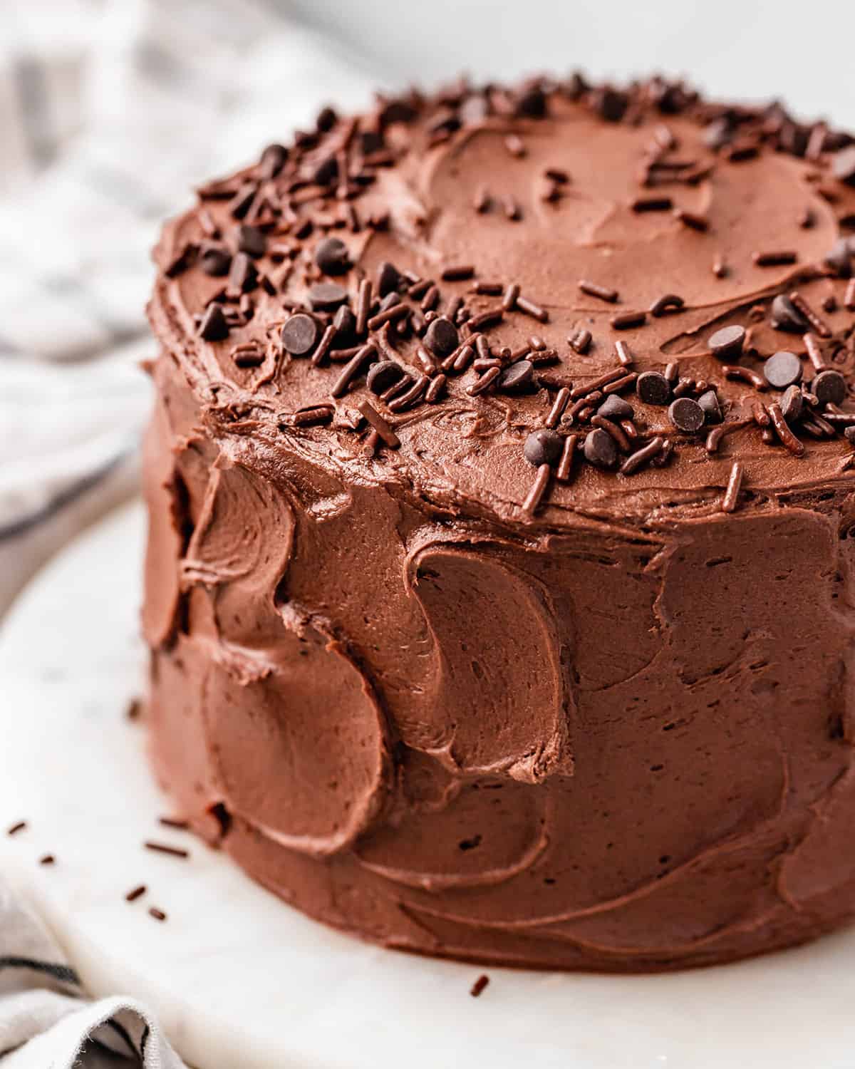 a whole frosted Chocolate Cake on a cake plate with chocolate chips and sprinkles