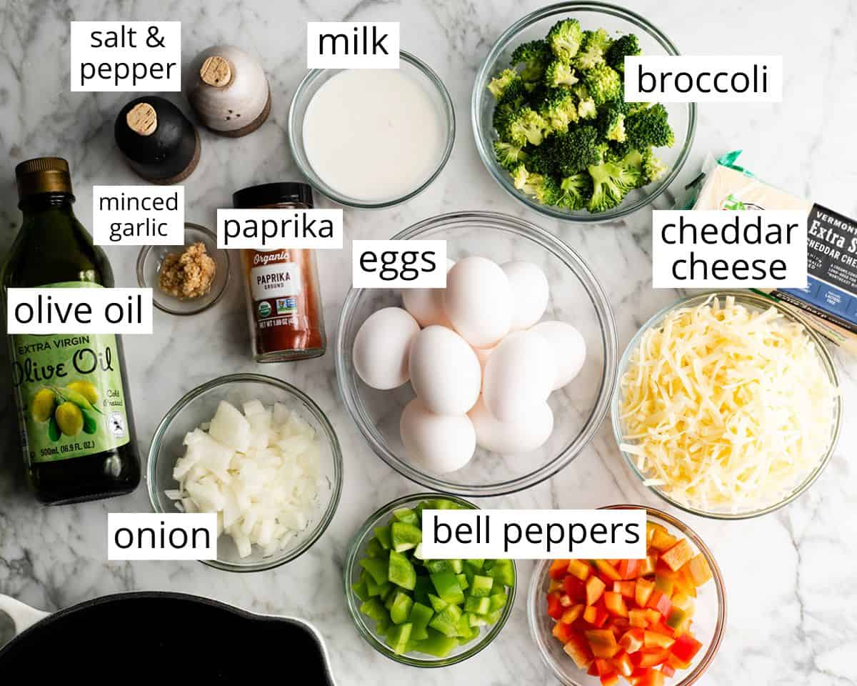 This easy Frittata Recipe is the perfect quick & healthy dinner, breakfast or brunch! Follow our step-by-step instructions and watch the video to learn how to make either a vegetable frittata or a frittata with bacon! overhead view of the labeled ingredients in this frittata recipe