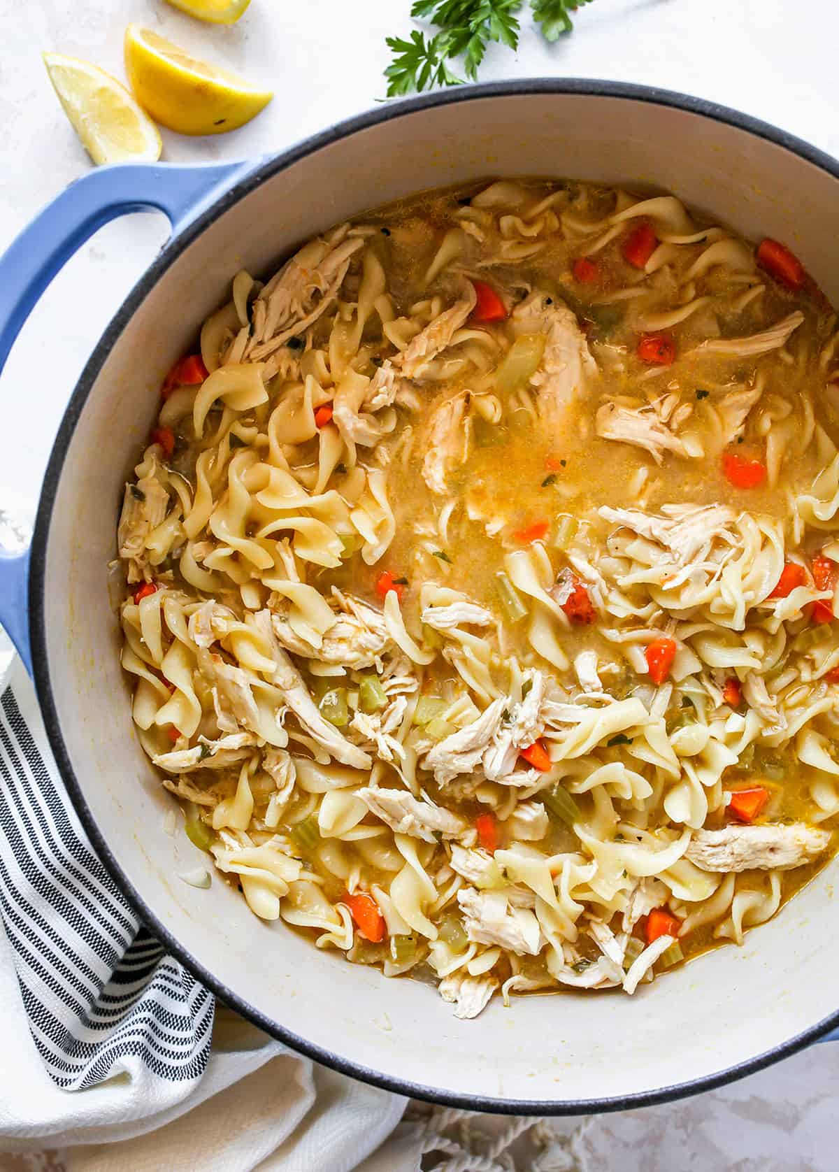 This is the best homemade Chicken Noodle Soup Recipe ever! This easy chicken noodle soup is flavorful, hearty, healthy and it’s made in one pot in under an hour! Follow our step-by-step instructions & watch the video to learn how to make chicken noodle soup! overhead photo fo a pot of Homemade Chicken Noodle Soup Recipe