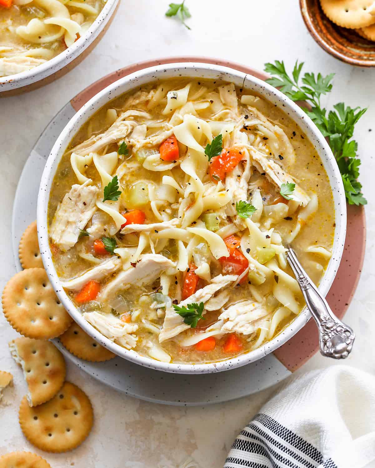 This is the best homemade Chicken Noodle Soup Recipe ever! This easy chicken noodle soup is flavorful, hearty, healthy and it’s made in one pot in under an hour! Follow our step-by-step instructions & watch the video to learn how to make chicken noodle soup! overhead view of a bowl of Homemade Chicken Noodle Soup