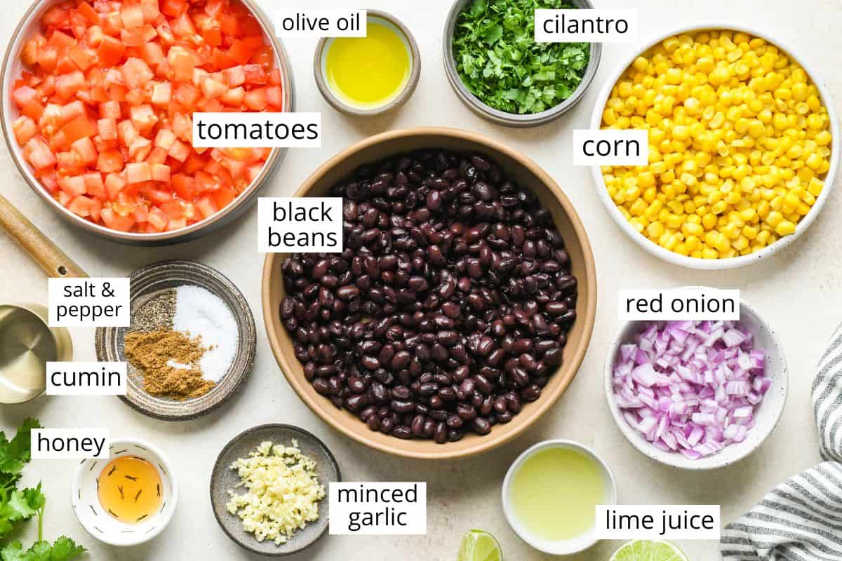 overhead photo of the labeled ingredients in this Black Bean and Corn Salsa recipe