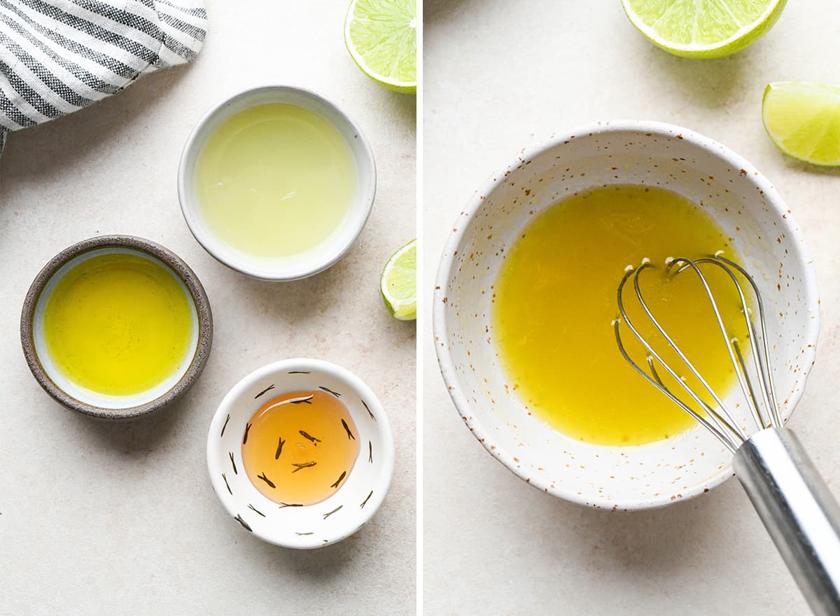 two photos showing how to make the dressing for this Black Bean and Corn Salsa recipe