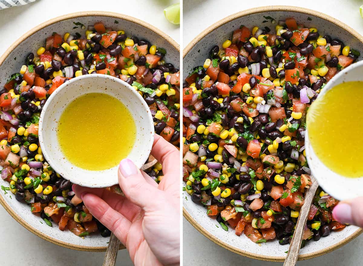 two photos showing how to make black bean corn salsa - adding the dressing