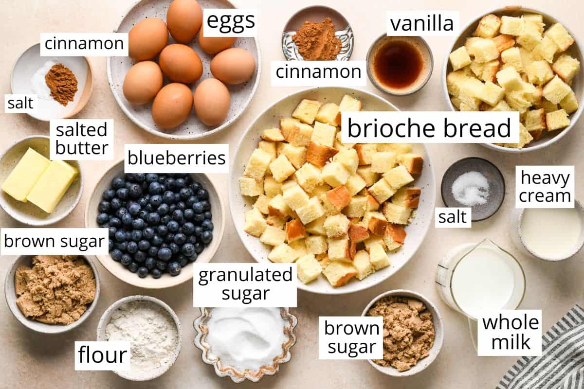 overhead photo of the labeled ingredients in this Blueberry French Toast Casserole recipe