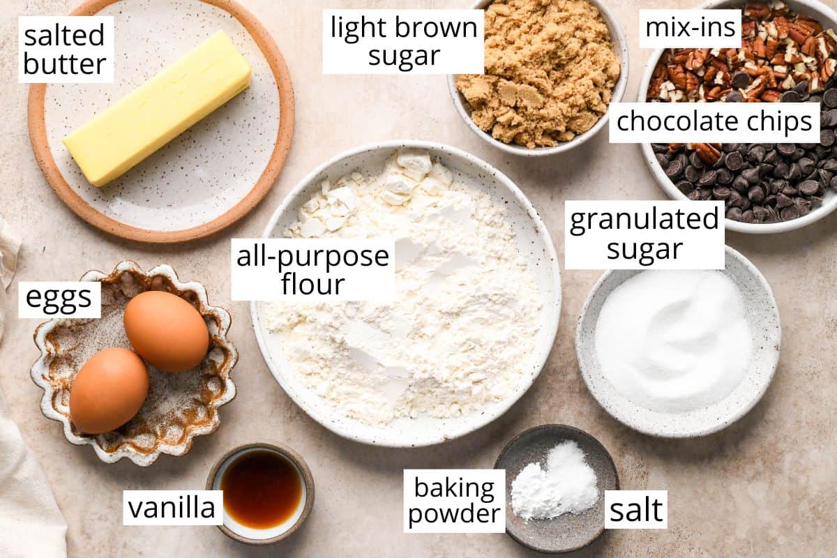 overhead photo of the labeled ingredients in this Browned Butter Blondies recipe