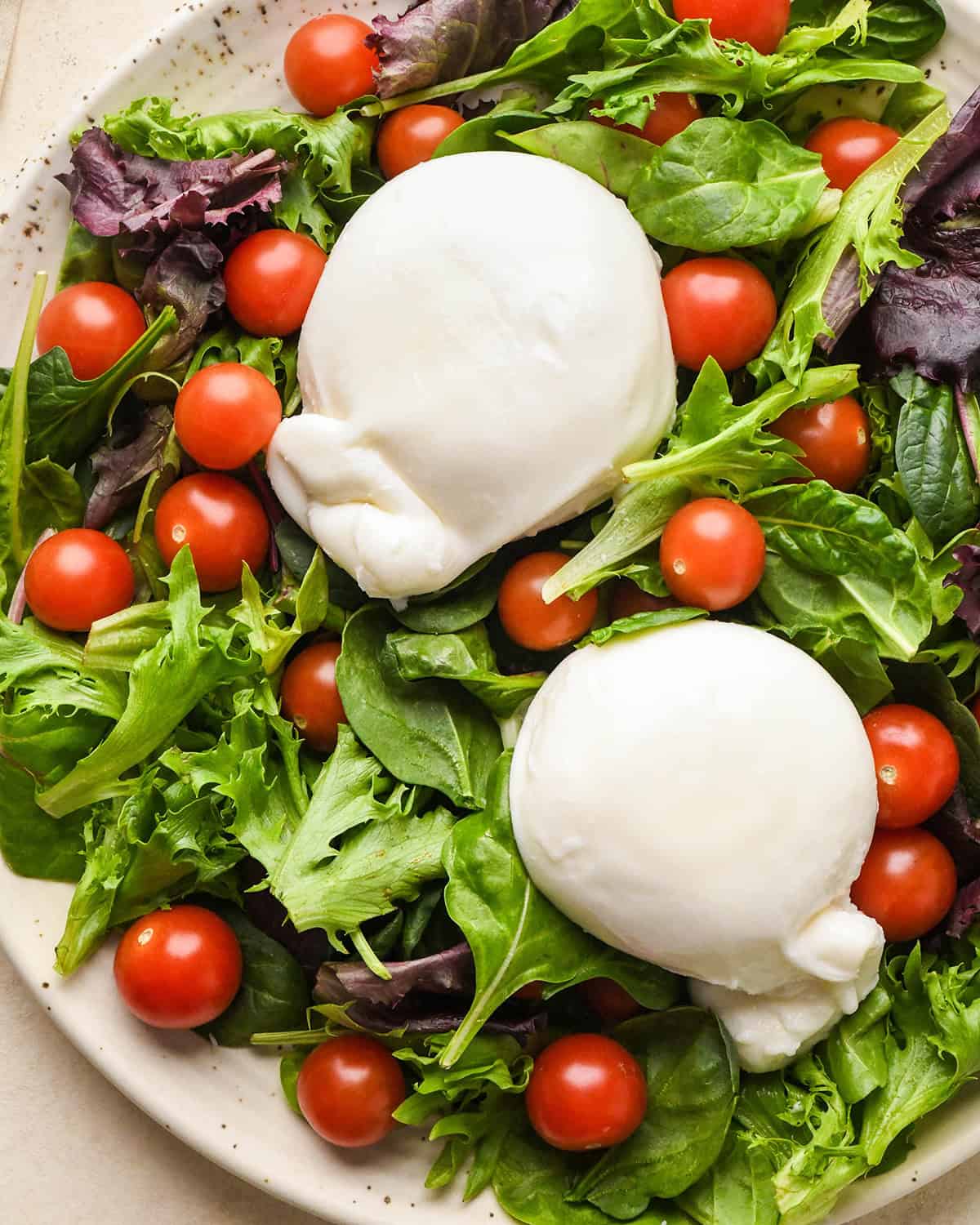 This Burrata Salad Recipe is made with homemade croutons, homemade balsamic vinaigrette dressing tomatoes and spring mix. It's a simple yet elegant salad that serves a crowd! #burrata #burratacheese #burratasalad #capresesald #saladrecipe #summer #summersalad how to assemble burrata salad - tomatoes, spring mix and burrata cheese on a plate