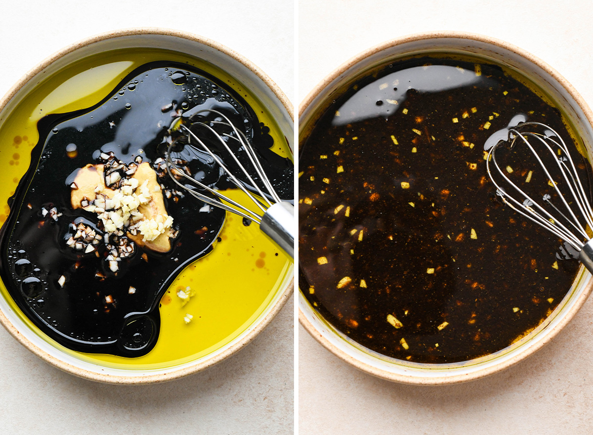 two photos showing whisking the dressing for Caprese Orzo Salad in a small bowl