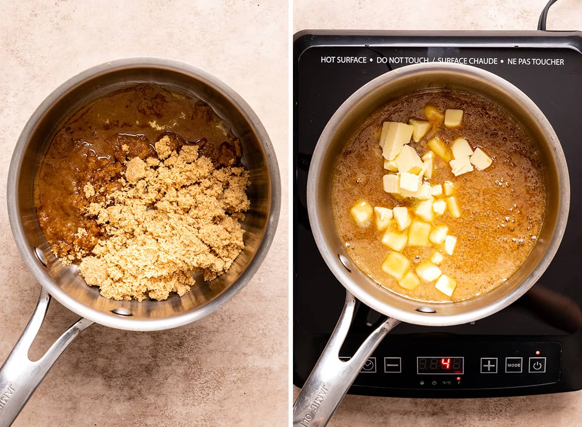 two photos showing How to Make Caramel Apple Dip in a saucepan