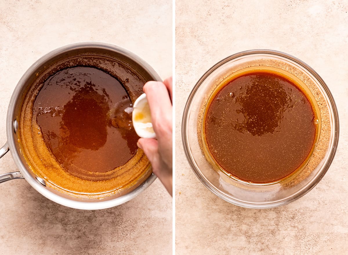 two photos showing How to Make Caramel Apple Dip adding vanilla and cooling in a glass bowl