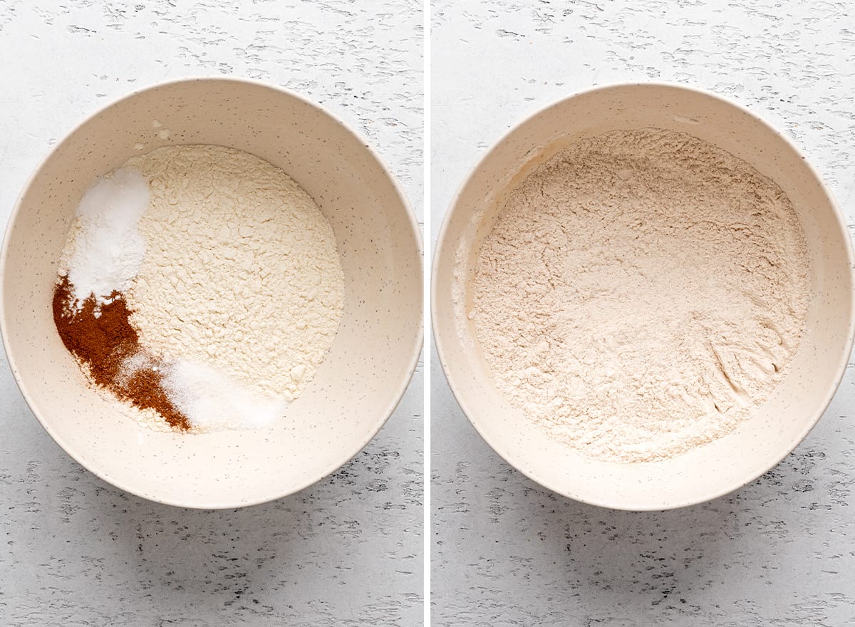 two photos showing how to make this Carrot Cake Cupcakes Recipe - combining dry ingredients