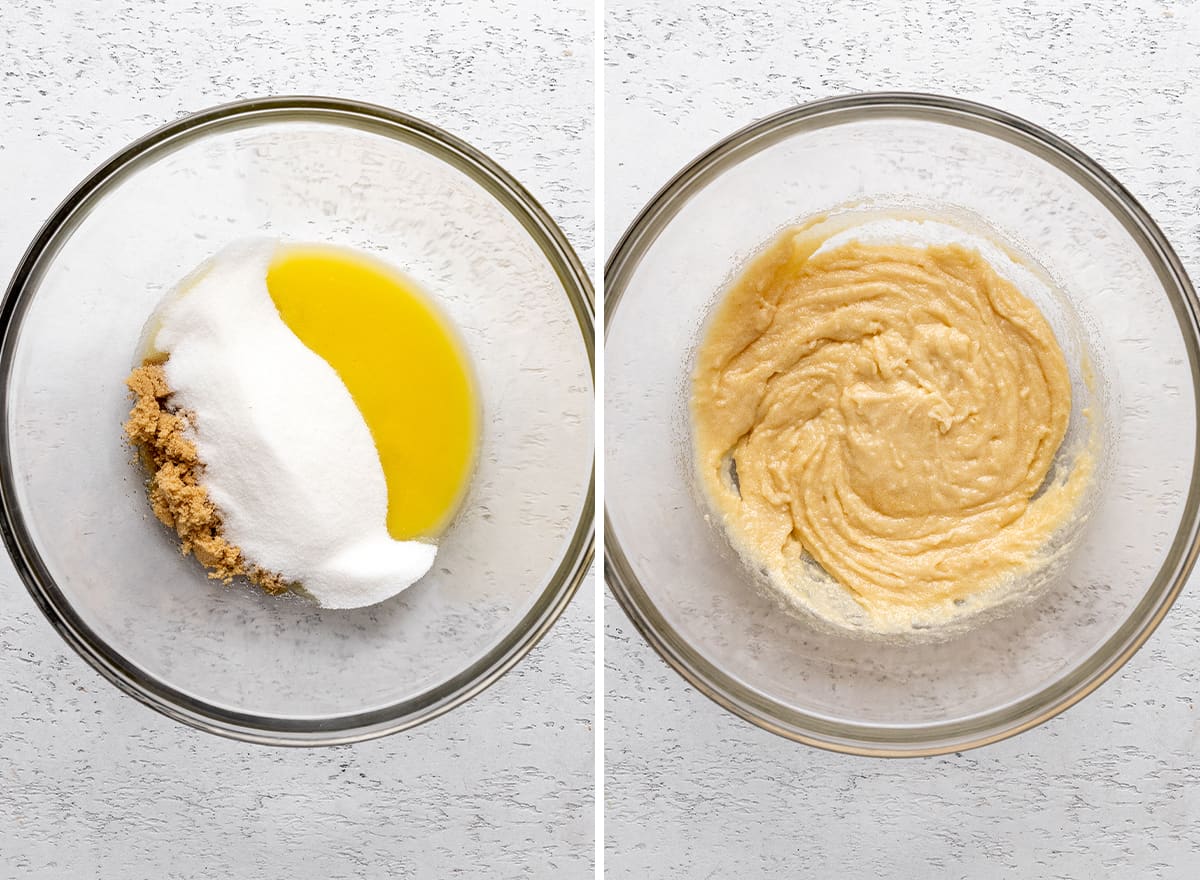 two photos showing how to make this Carrot Cake Cupcakes Recipe -combining butter and sugars