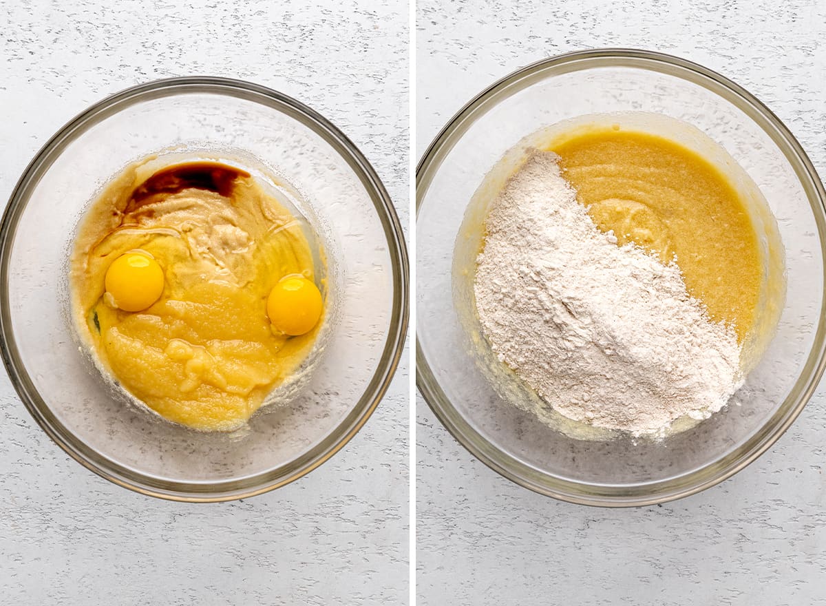 two photos showing how to make this Carrot Cake Cupcakes Recipe - combining wet and dry ingredients