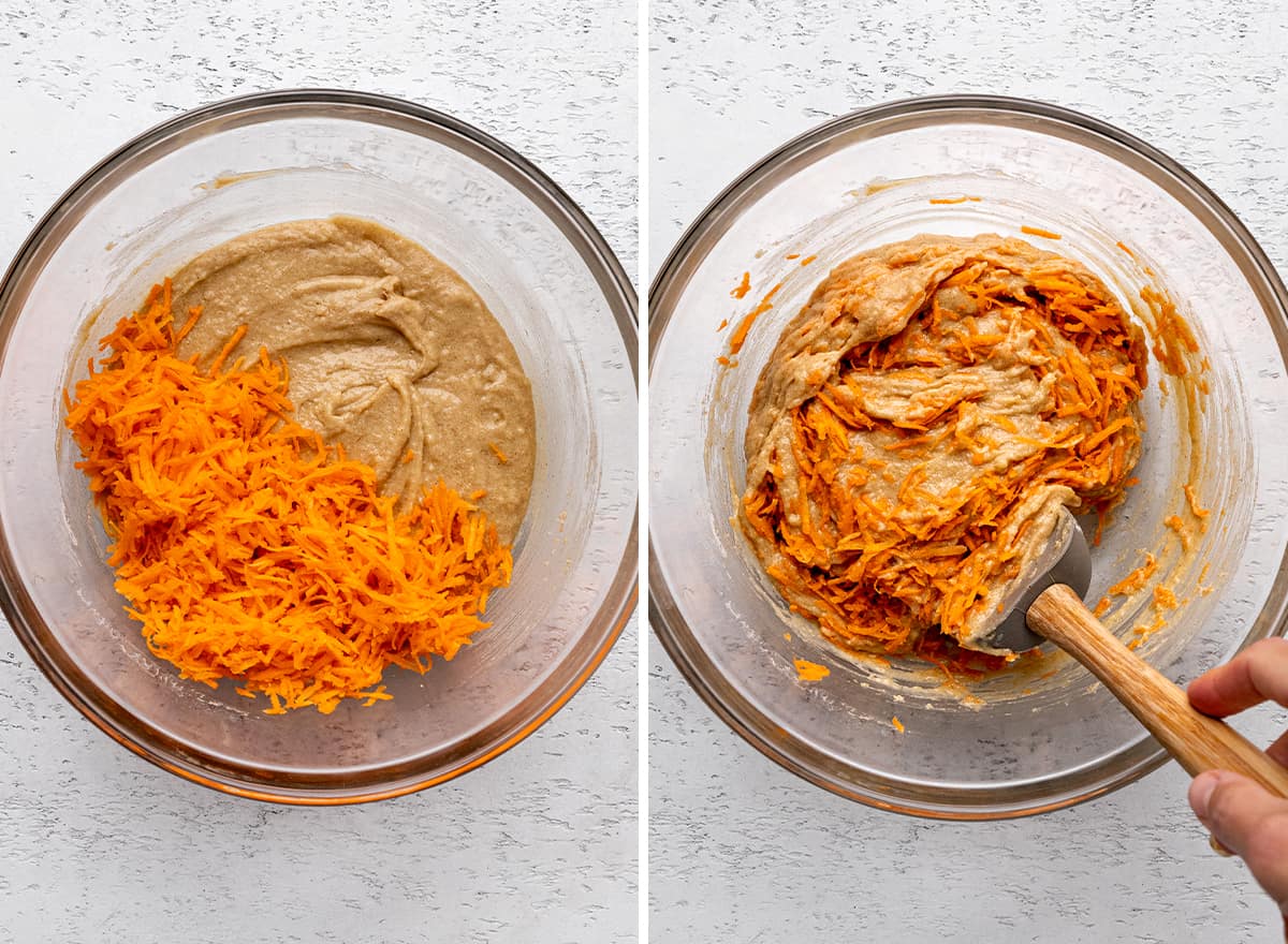 two photos showing how to make this Carrot Cake Cupcakes Recipe -stirring in carrots