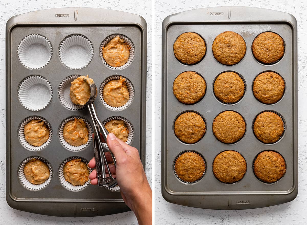 carrot cake cupcakes in a muffin pan before and after baking