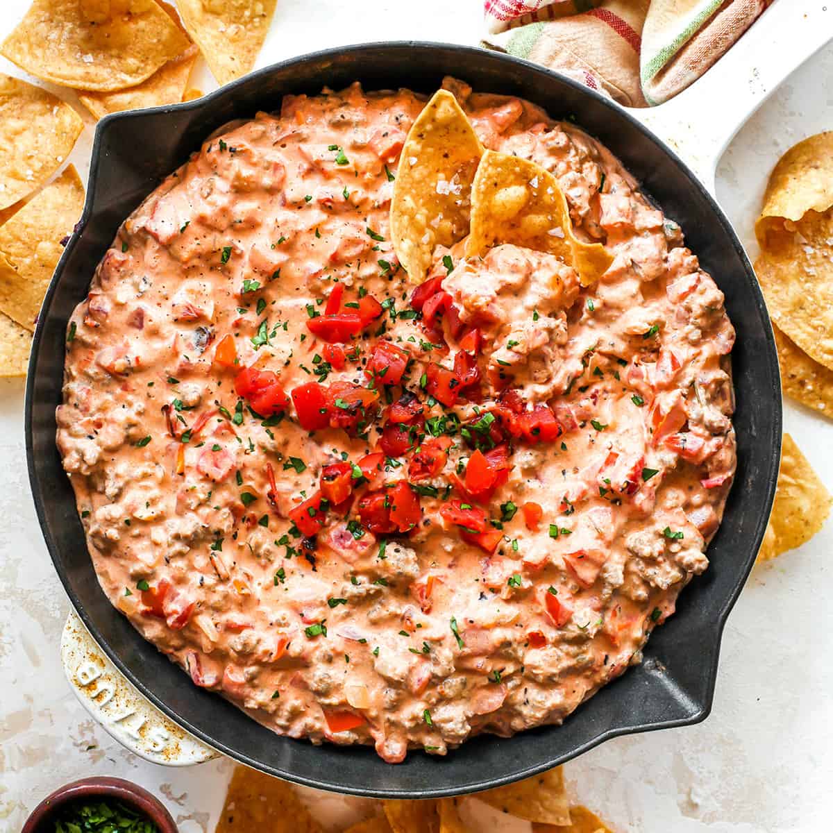 overhead view of Cream Cheese Sausage Dip in a skillet