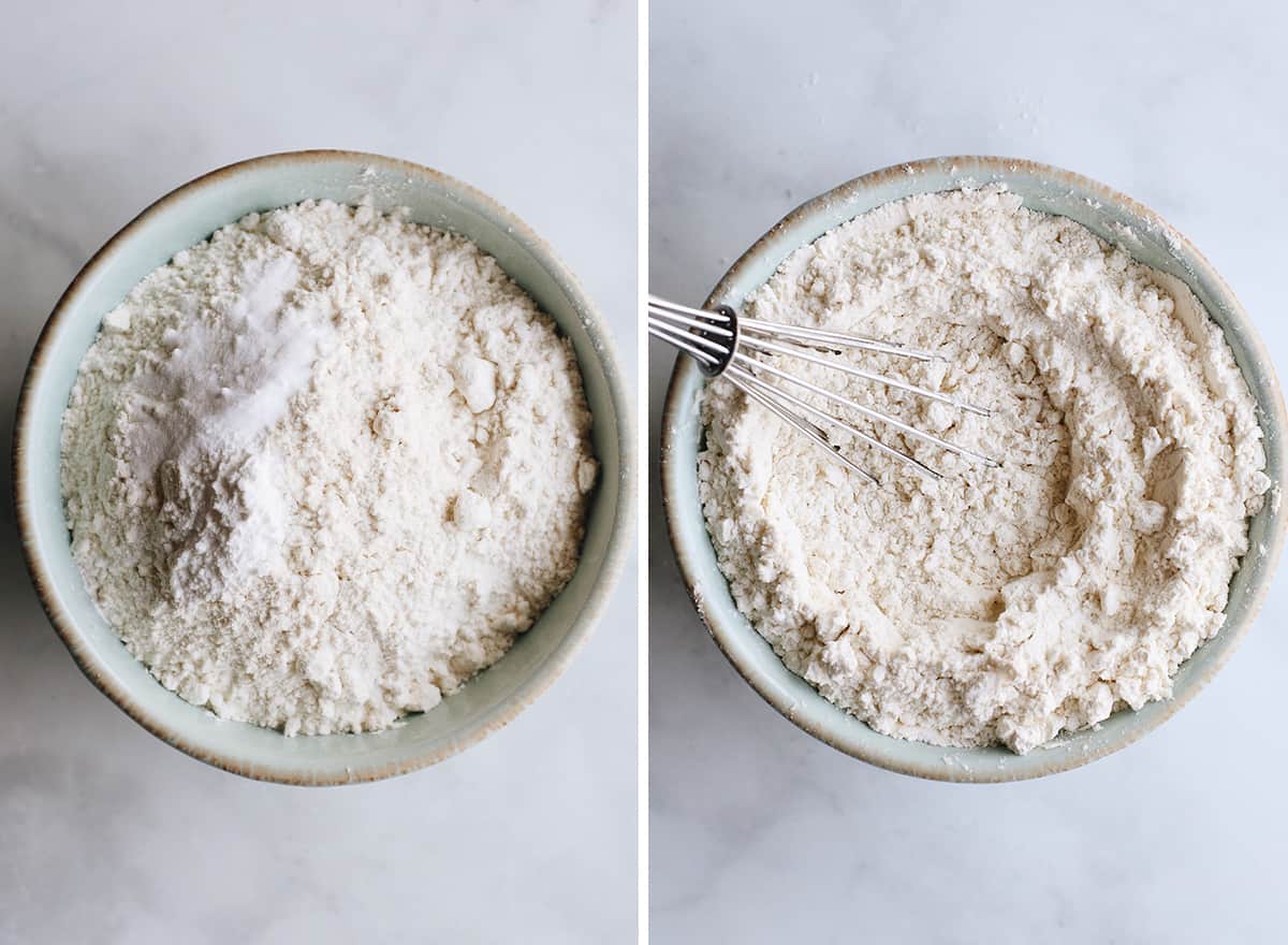 two photos showing how to make cookie ice cream sandwiches - mixing the dry ingredients