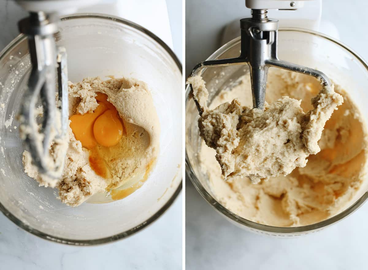 two photos showing how to make cookie ice cream sandwiches - adding eggs