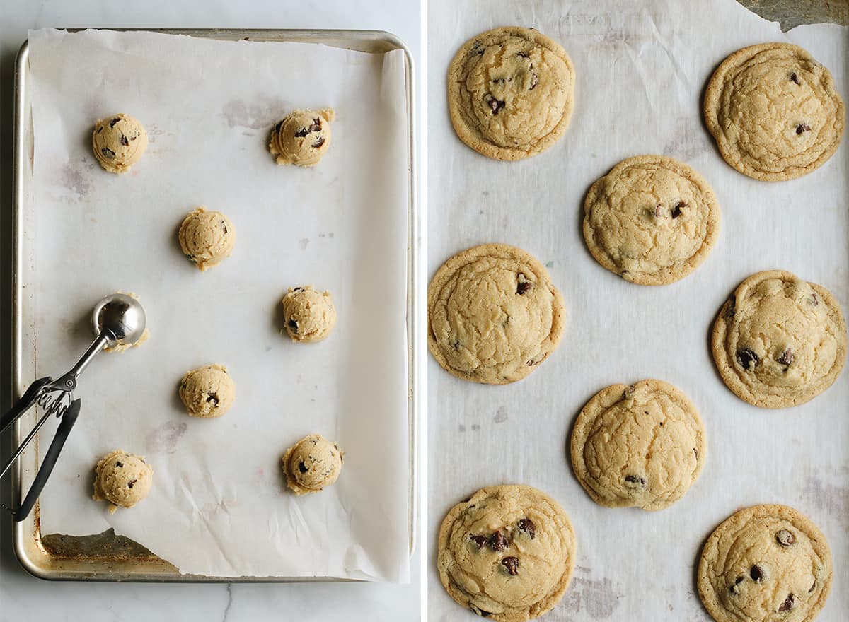 two photos showing how to make ice cream cookies - portioning cookie dough and baking