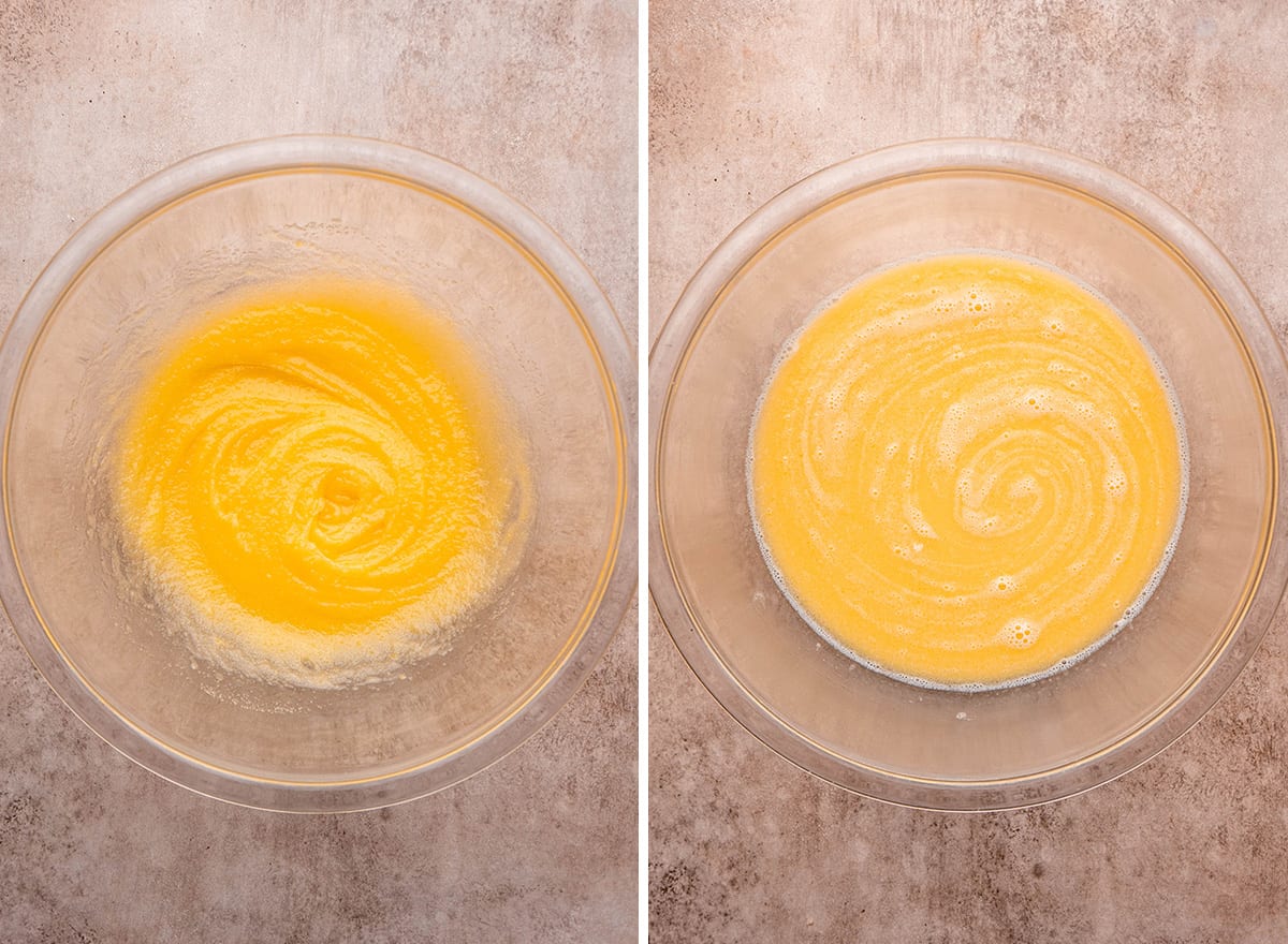 two photos showing How to Make Chocolate Waffles - combining wet ingredients