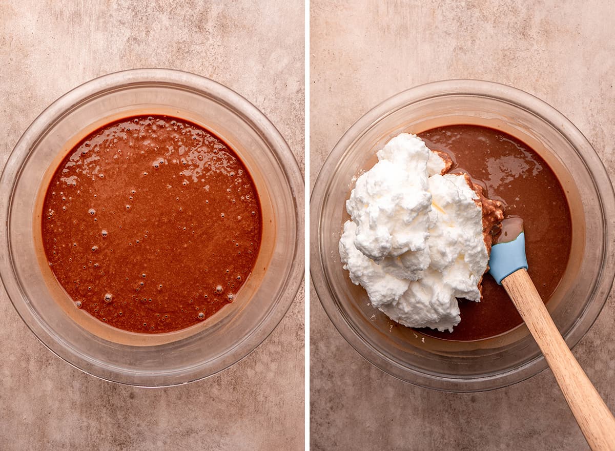 two photos showing How to Make Chocolate Waffles - adding dry ingredients & egg whites