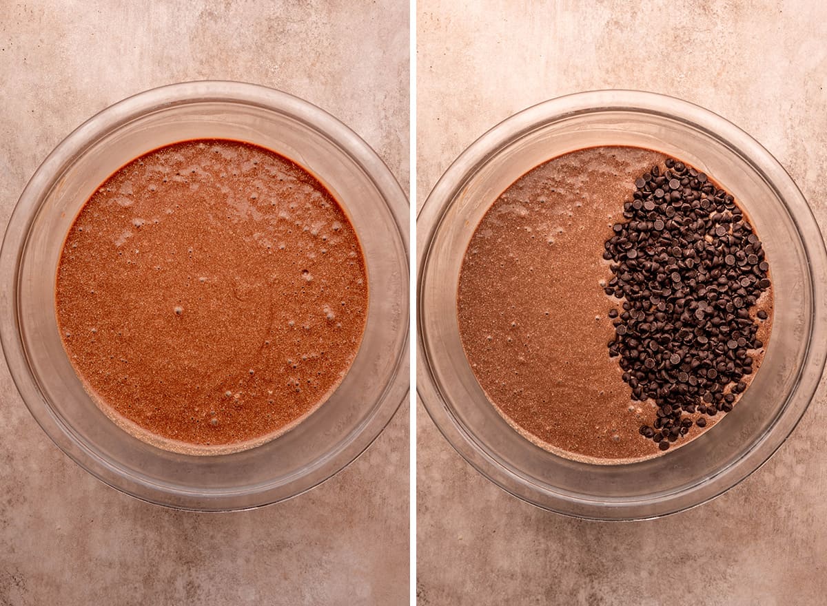 two photos showing How to Make Chocolate Waffles - adding chocolate chips