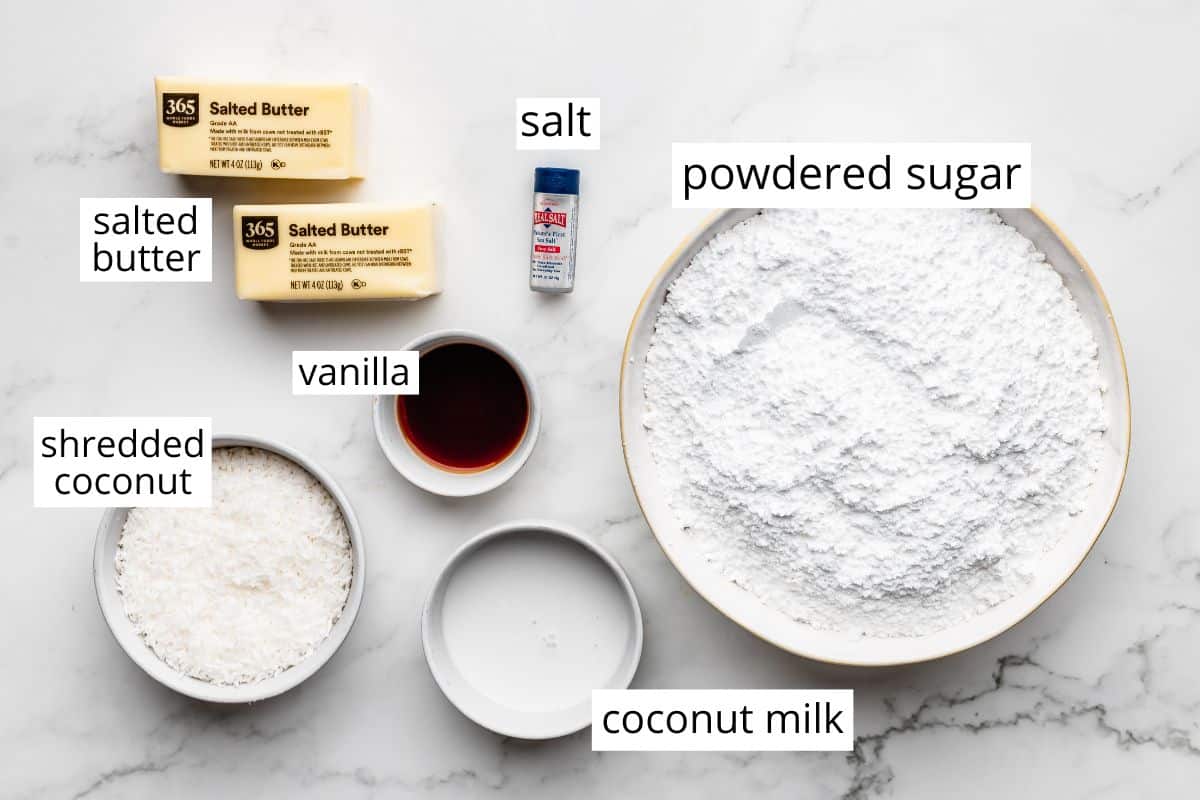 overhead photo of the labeled ingredients in this Coconut Frosting recipe