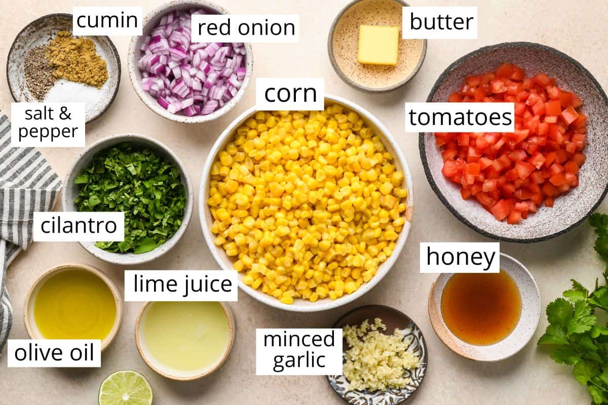 overhead photo of the labeled ingredients in this Corn Salsa recipe