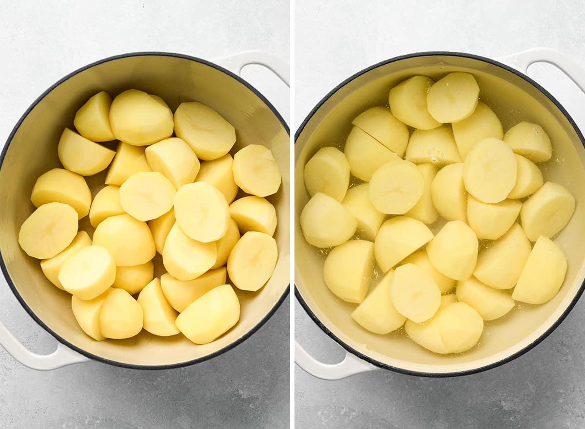 two photos showing potatoes in a pot covered with water to make Cream Cheese Mashed Potatoes