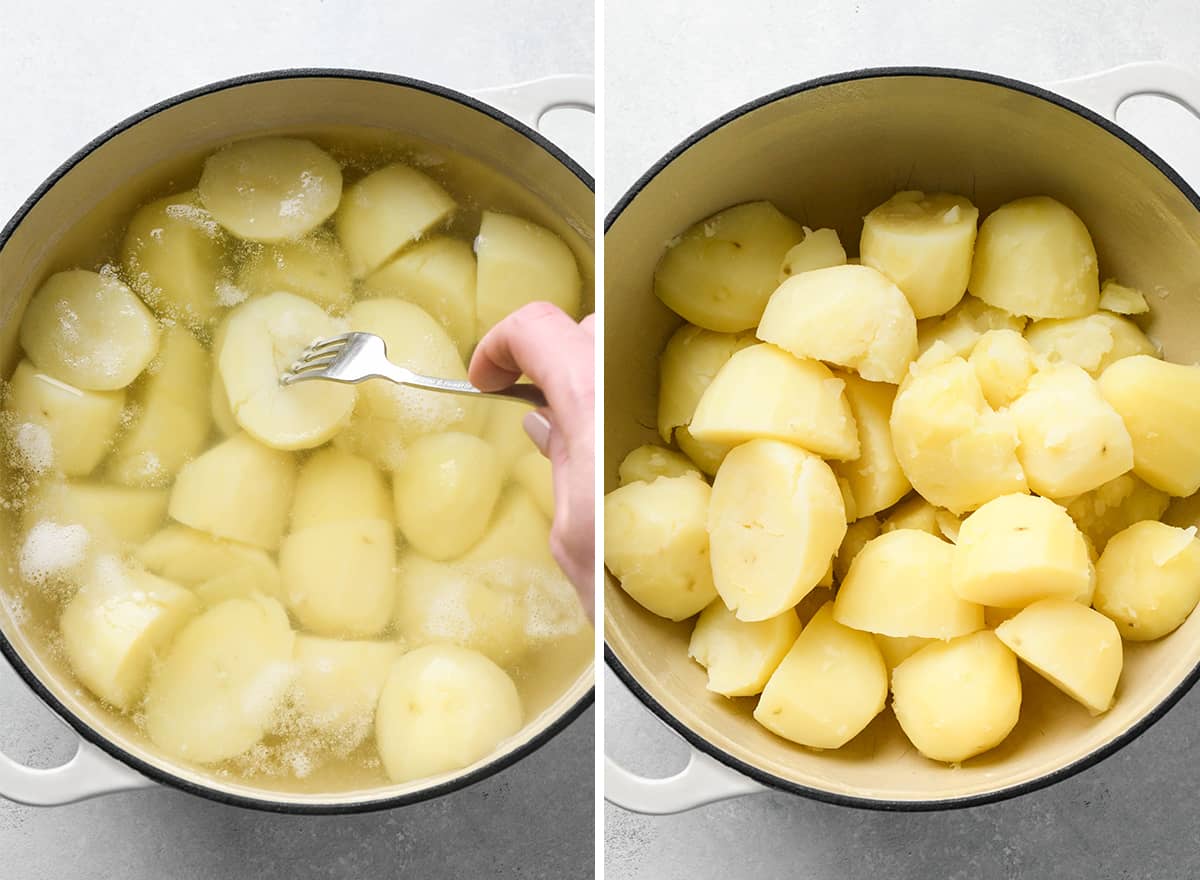 cooked potatoes being pierced with a fork then in a pot after being drained.