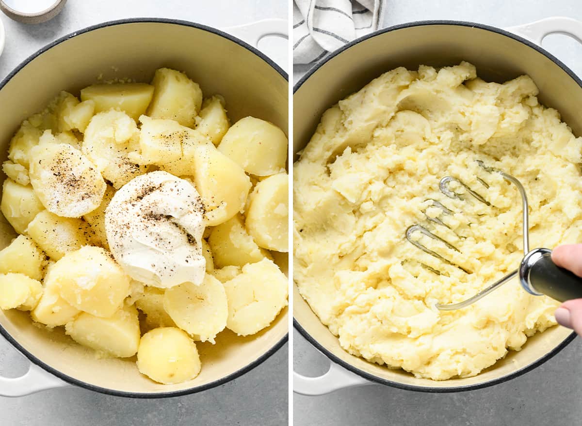 potatoes, cream cheese salt and pepper added to the pot, then a masher mashing the potatoes to make Cream Cheese Mashed Potatoes Recipe