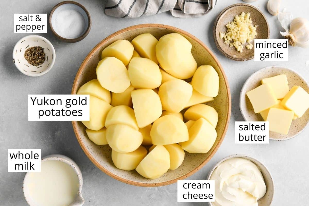 overhead view of the ingredients in this Cream Cheese Mashed Potatoes recipe.