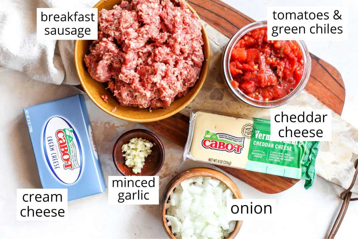 This cream cheese sausage dip is an easy appetizer made with 8 ingredients, in one skillet in 20 minutes. You can easily adjust the spice to make it mild or hot! Serve it with chips, crackers, or veggies for a delicious warm appetizer that will be the hit of any party. overhead view of the labeled ingredients in this Cream Cheese Sausage Dip recipe