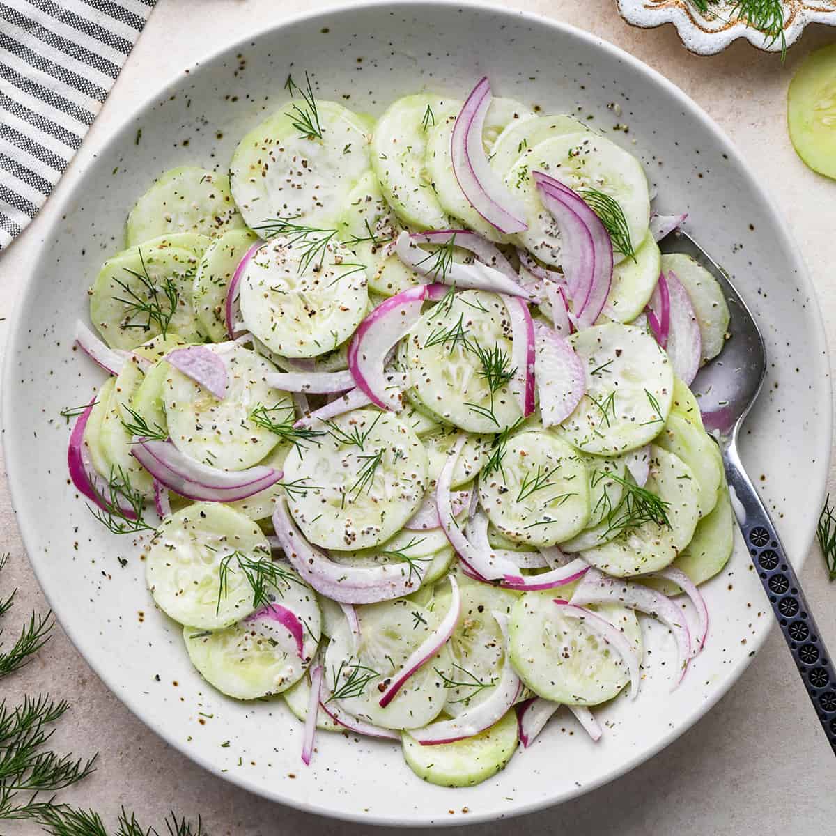 Cucumber Salad in a bowl with a spoon garnished with dill