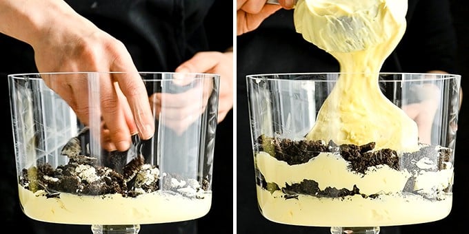 This Easy Dirt Cake Recipe (Oreo Dirt Pudding) is one of our favorite no-bake desserts! Crushed Oreos are layered between a french vanilla pudding mixture for a kid-friendly, make-ahead dessert recipe perfect for any potluck or BBQ! Add gummy worms for a whimsical touch! #dirtcake #dirtpudding #oreos #oreopudding #nobake #dessert #potluck #bbq #summer two photos showing the front view of a glass trifle dish. The right photo shows a hand sprinkling Oreos into the dish, the right shows adding another pudding layer to the Oreo Dirt Cake