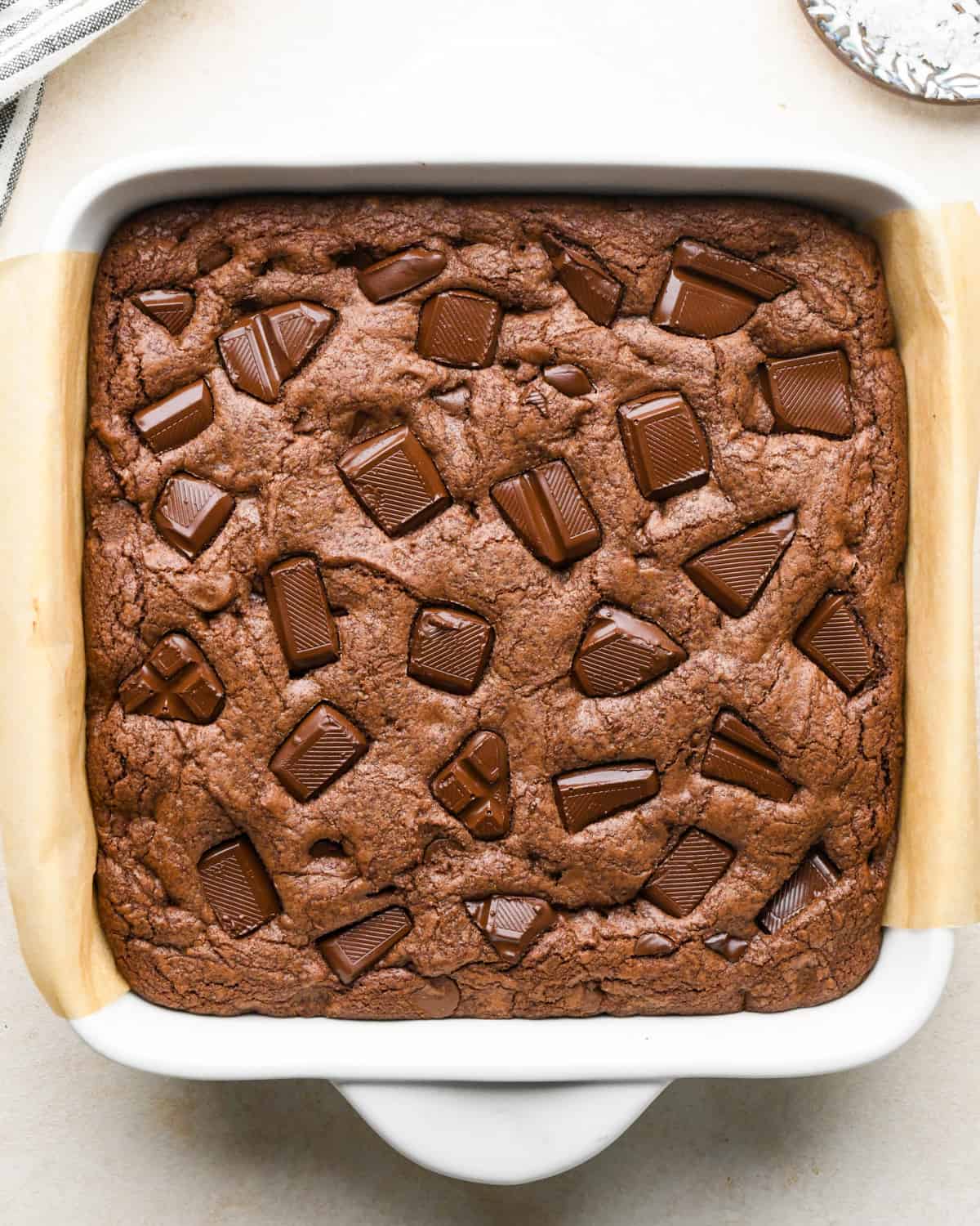 Double Chocolate Cookie Bars in a baking dish after being baked