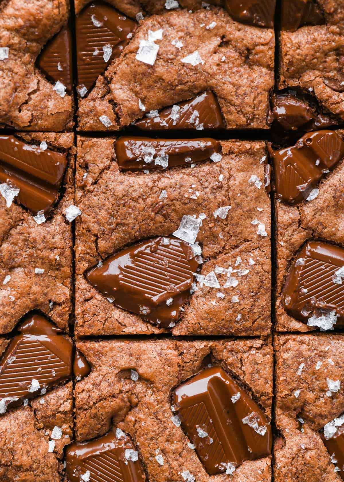 up close photo of Double Chocolate Cookie Bars cut into 9 squares topped with flaky sea salt