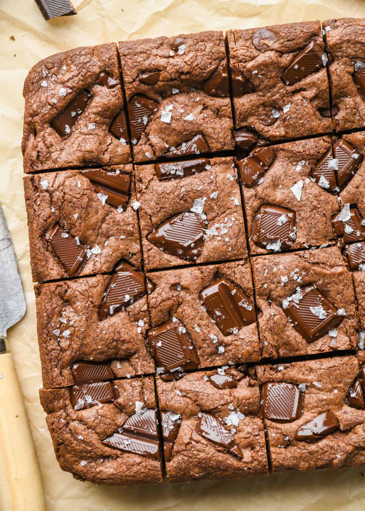 Double Chocolate Cookie Bars cut into 16 squares and topped with flaky sea salt