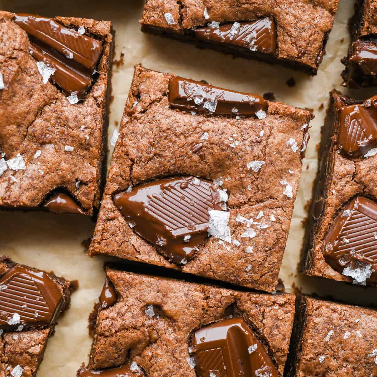 overhead photo of 6 Double Chocolate Cookie Bars topped with flaky sea salt