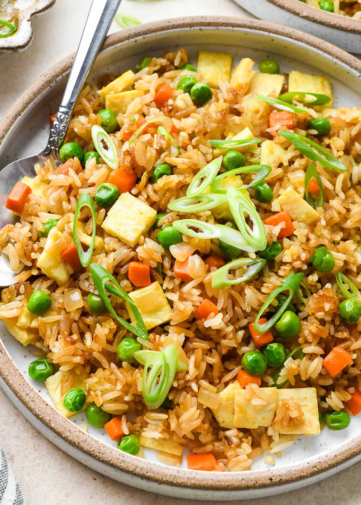 This easy vegetable fried rice recipe is better than takeout! It only takes 20 minutes to make the best fried rice recipe that's flavorful, healthy and loaded with eggs and veggies! Easy Fried Rice Recipe on a plate garnished with green onions