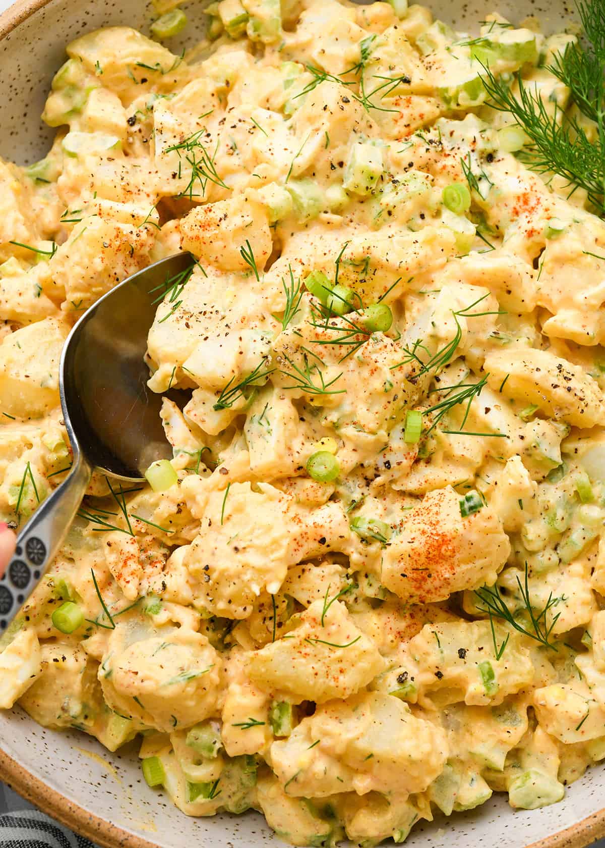 a spoon taking a scoop of Potato Salad