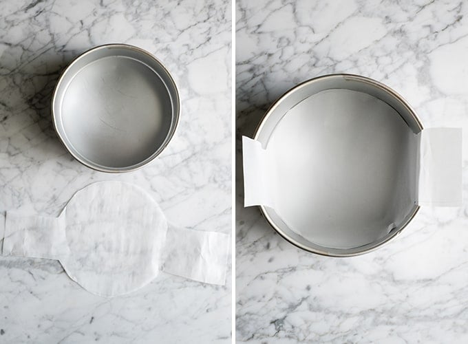 How to line a cake pan for easy removal. two photos showing How to line a cake pan