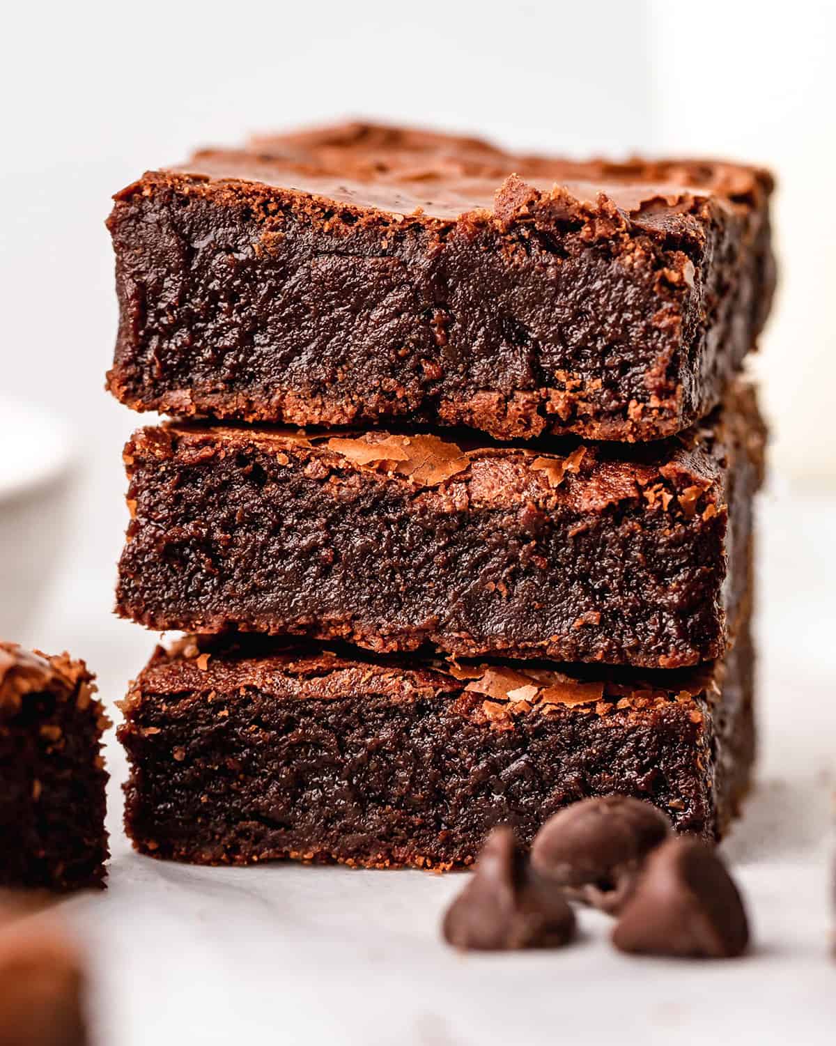 stack of 3 fudgy homemade brownies